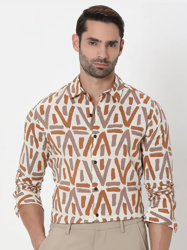 MUFTI printed cream cotton shirt