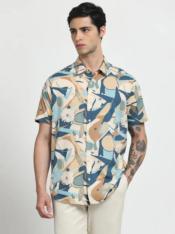 MUFTI printed multi coloured slim fit casual wear shirt