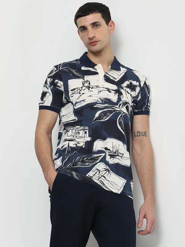 MUFTI printed navy cotton polo t-shirt