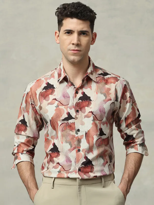 MUFTI printed off white cotton shirt