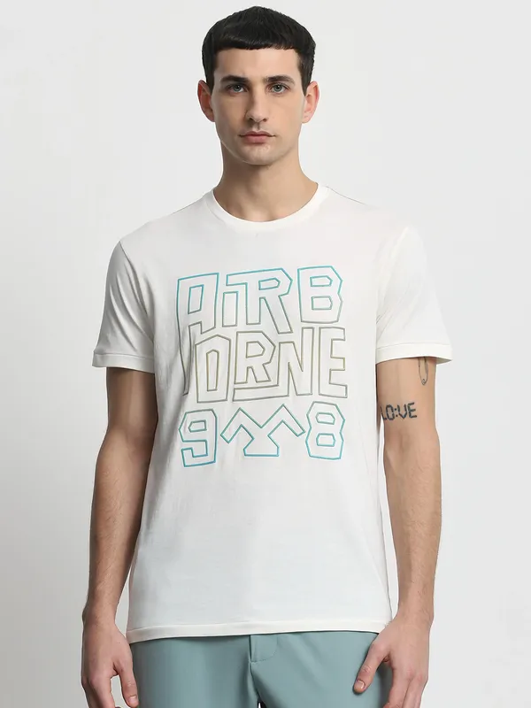 MUFTI printed white cotton slim fit t-shirt for men