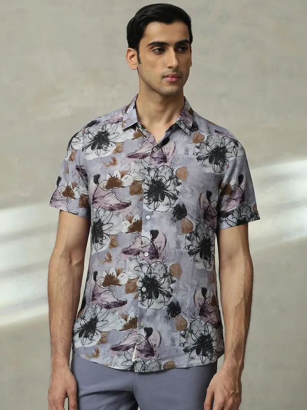 MUFTI purple printed cotton slim fit shirt for men