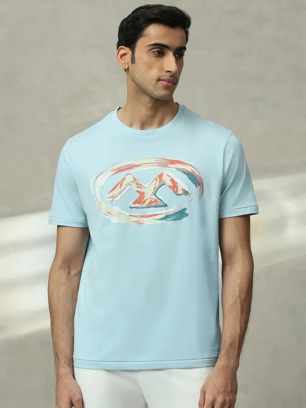 MUFTI sky blue printed cotton slim fit t-shirt