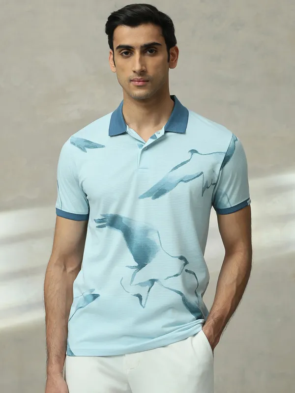 MUFTI sky blue printed slim fit polo t-shirt