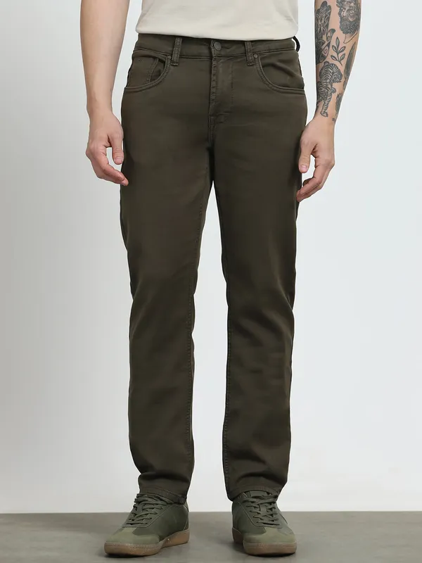 MUFTI solid dark olive regular fit mens denim