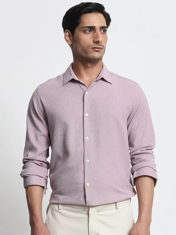 MUFTI solid textured lilac purple slim fit casual wear shirt