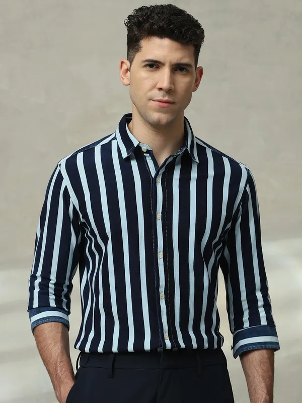 MUFTI stripe blue cotton full sleeve shirt