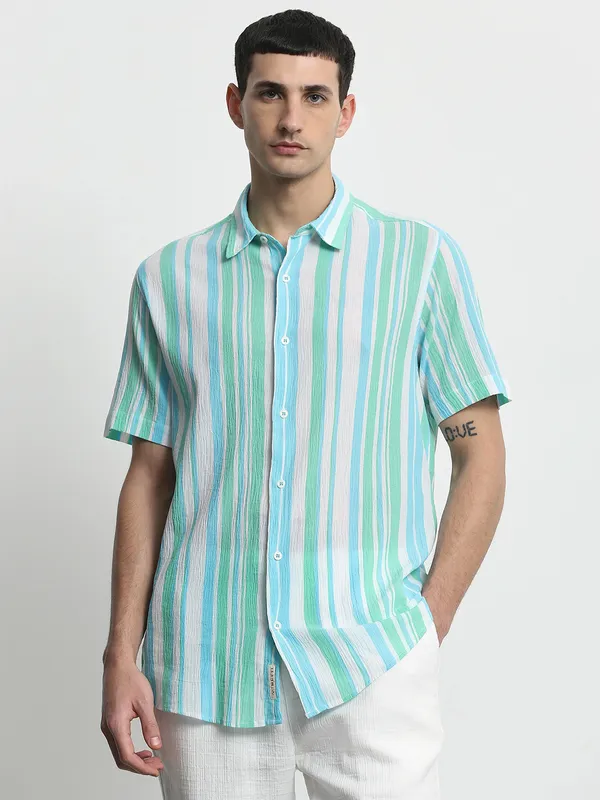 MUFTI striped aqua casual wear shirt for men