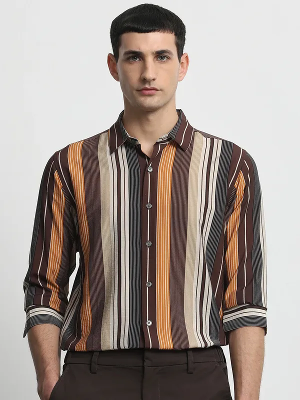 MUFTI striped brown casual wear cotton shirt