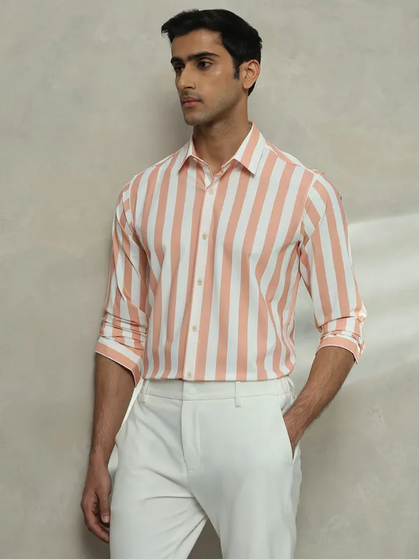 MUFTI striped peach casual shirt for men