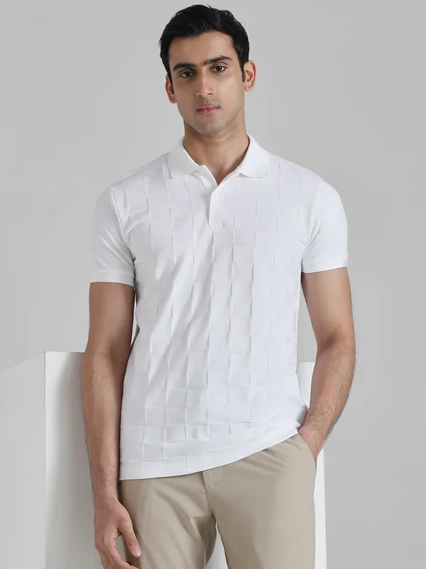 MUFTI textured check white polo t-shirt