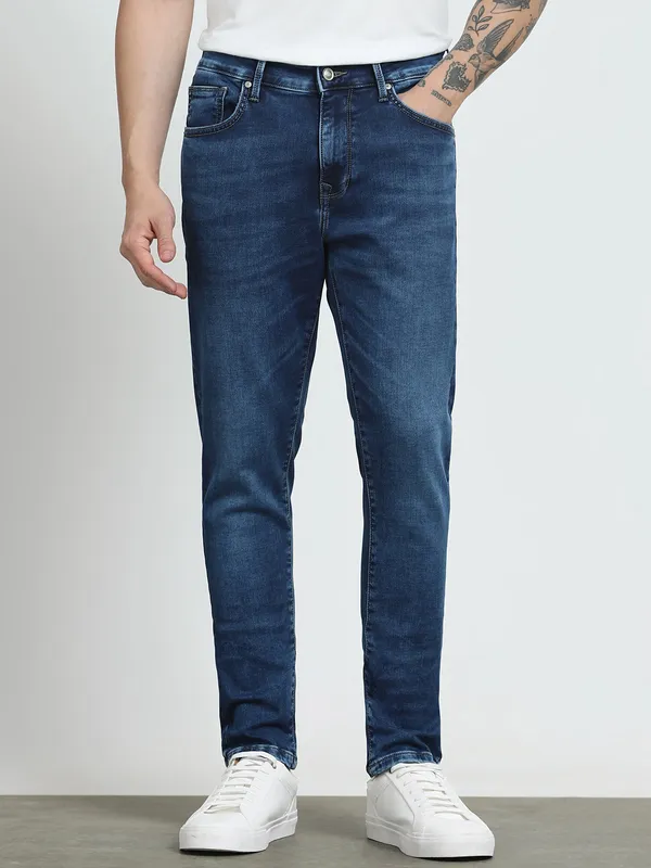 MUFTI washed dark blue skinny fit denim for men