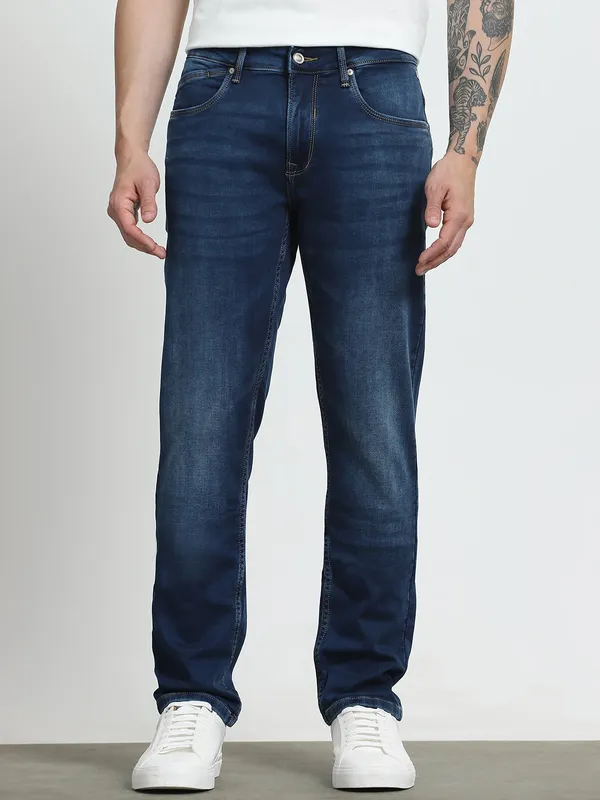 MUFTI washed dark blue super slim denim jeans