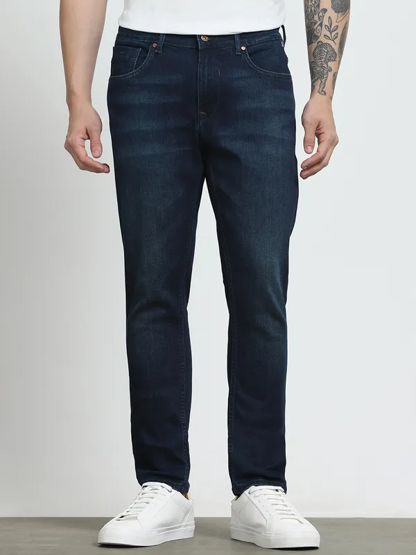 MUFTI washed dark navy skinny fit denim jeans for men