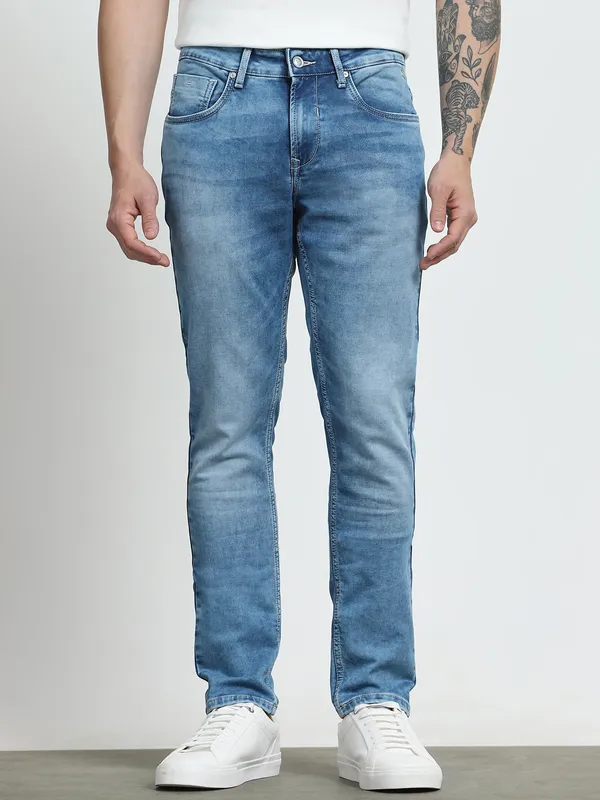 MUFTI washed sky blue skinny fit denim for men