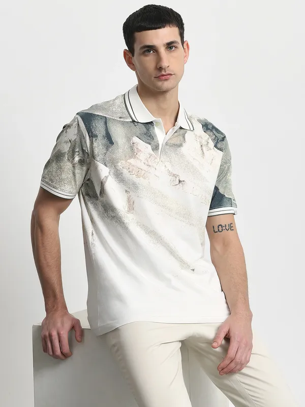 MUFTI white printed mens slim fit polo t-shirt