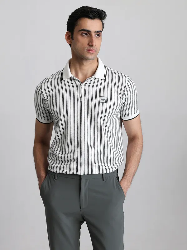 MUFTI white textured stripe polo t-shirt
