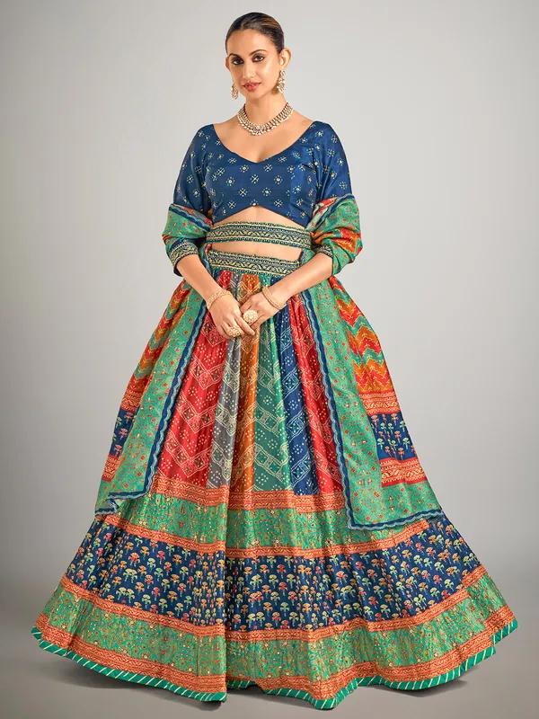 Multi color bandhej silk lahenga choli for wedding