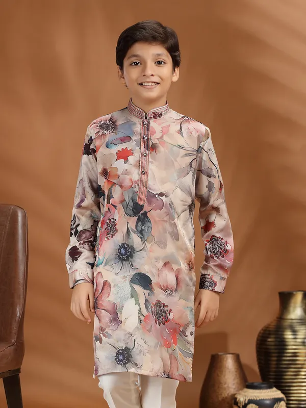 Multi color floral printed silk kurta suit for festive wear