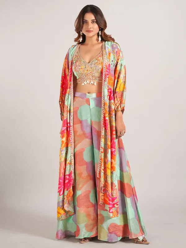 Multi color jacket style satin silk palazzo suit