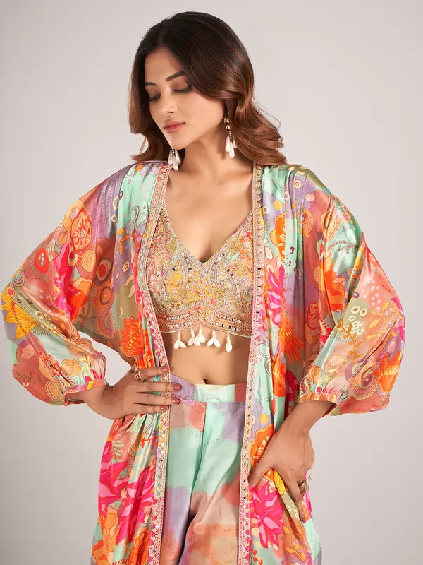 Multi color jacket style satin silk palazzo suit