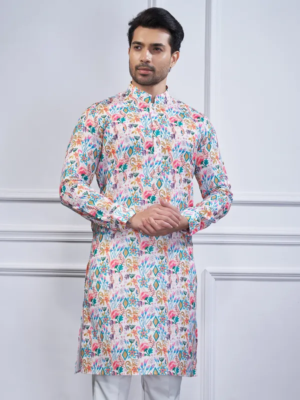 Multi color printed cotton kurta suit