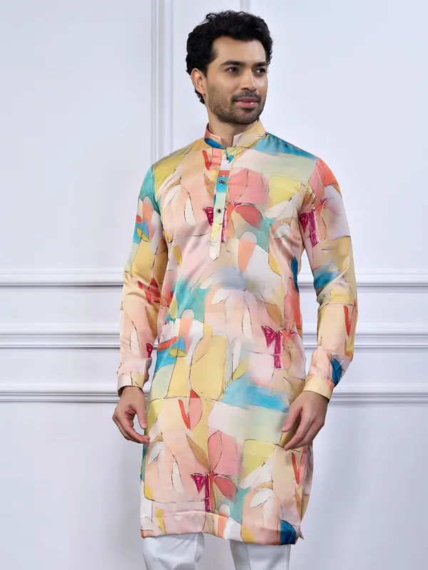 Multi color printed cotton kurta suit for men
