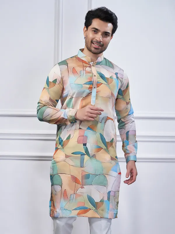 Multi color printed cotton kurta suit for traditional look