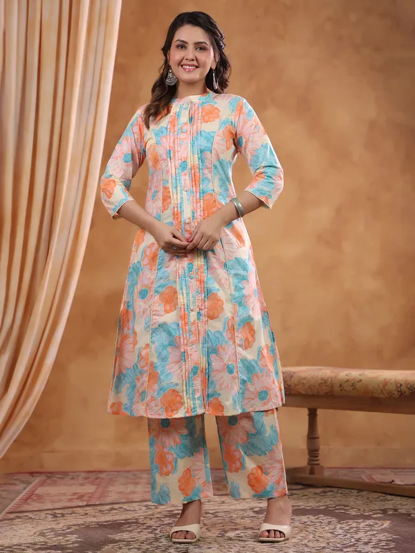 Multi color printed cotton kurti set