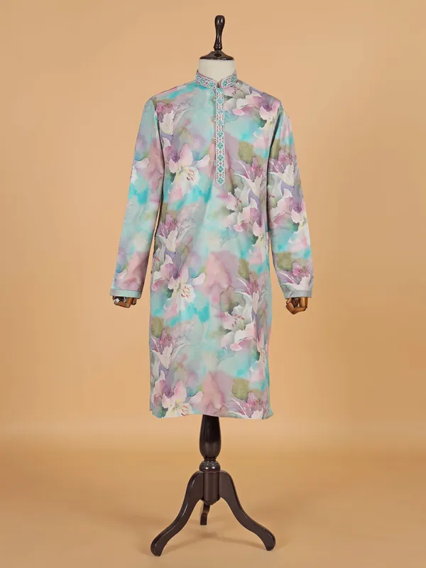 Multi color printed cotton silk kurta suit for men