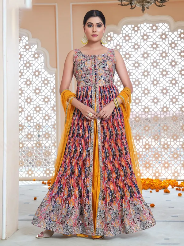 Multi color printed georgette palazzo suit