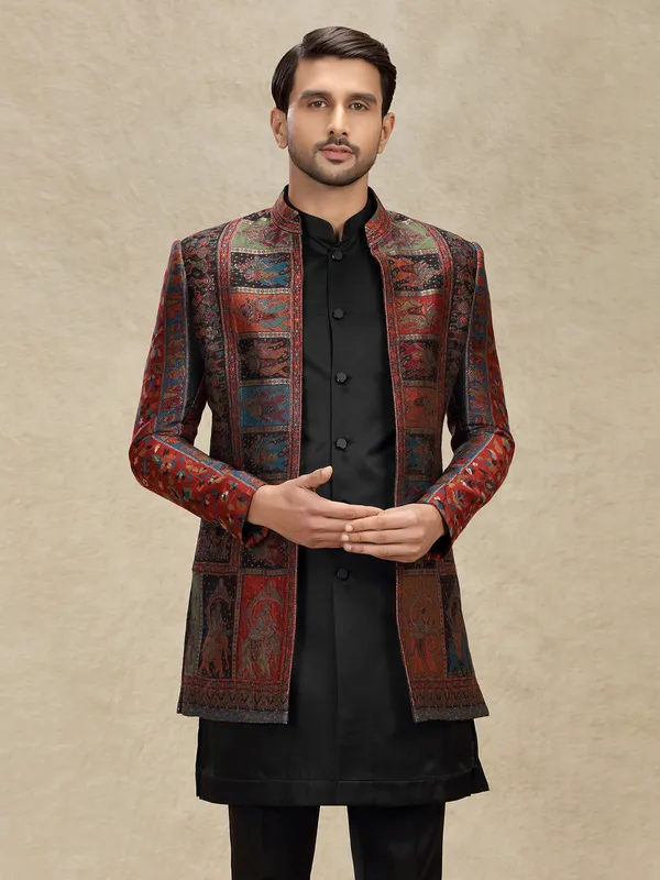 Multi color printed indo western with jackets for mens