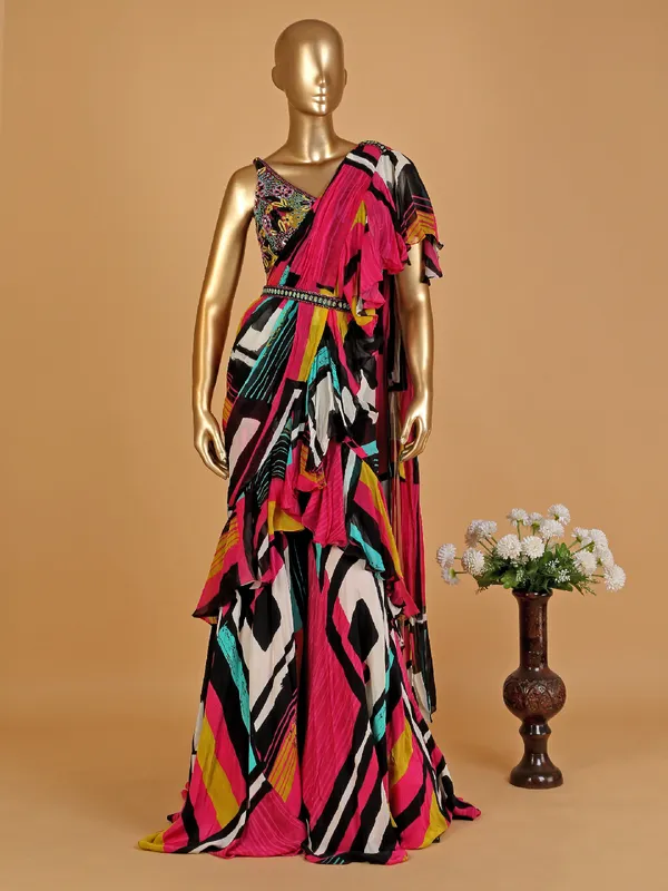 Multi color printed palazzo suit with attached drape