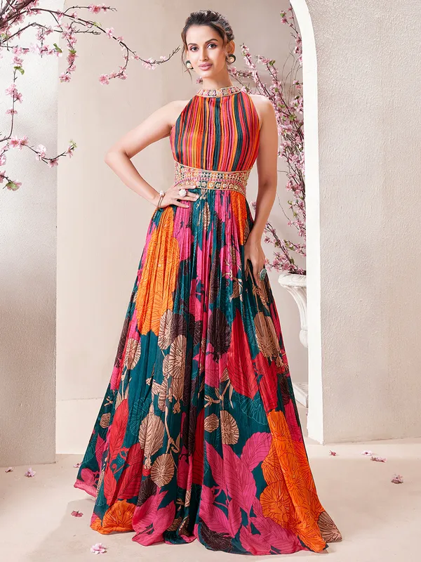 Multi color printed silk gown for women