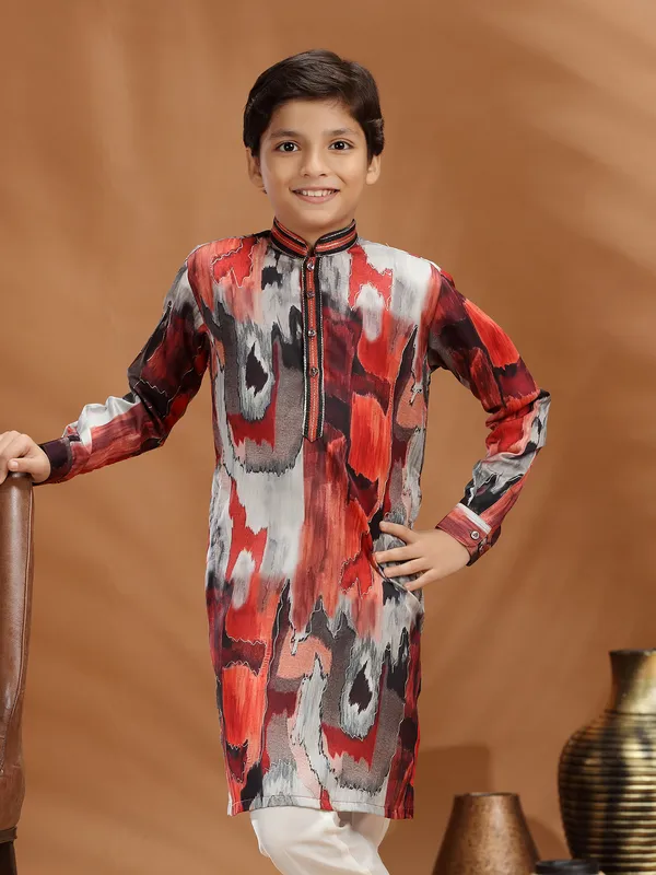 Multi color printed silk kurta suit for boys