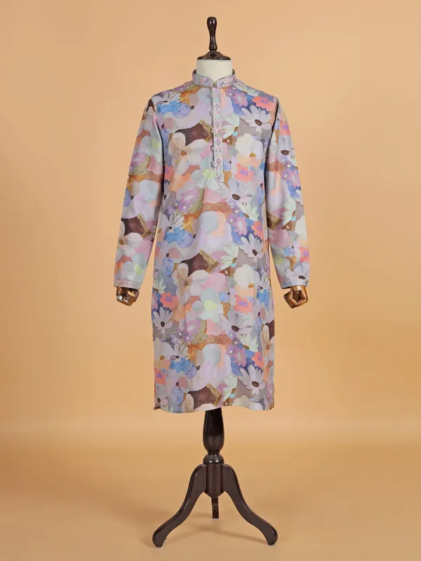 Multi color printed silk kurta suit for men