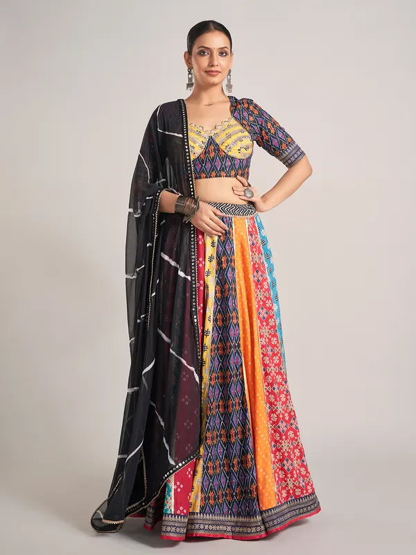 Multi color printed silk mirror work navratri chaniya choli