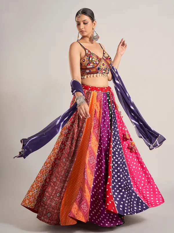 Multi color silk cowrie shell navratri chaniya choli