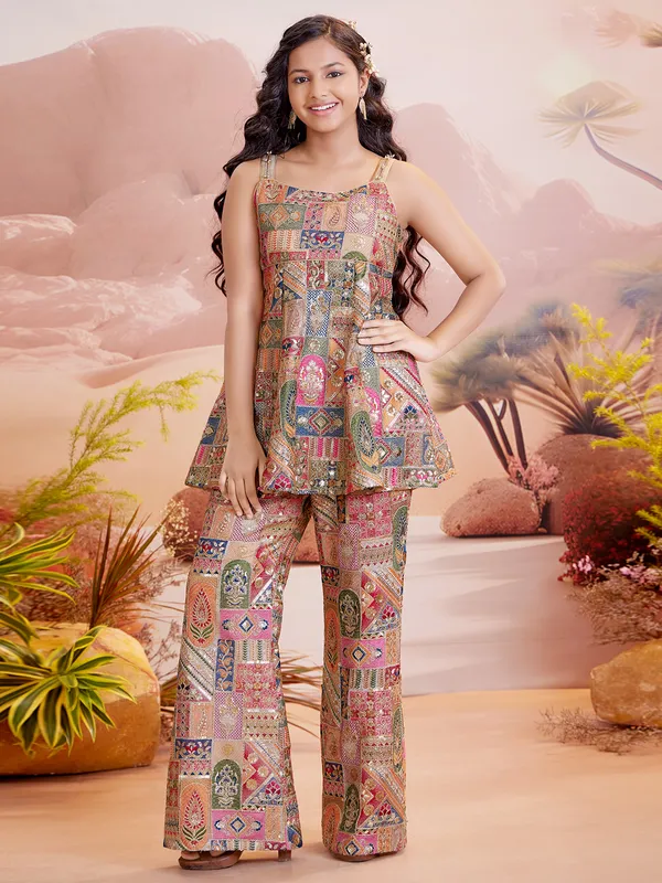 Multi color silk embroidery co-ord set