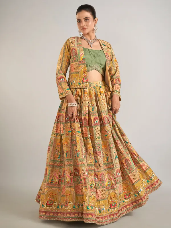 Multi color silk jacket style lahenga choli