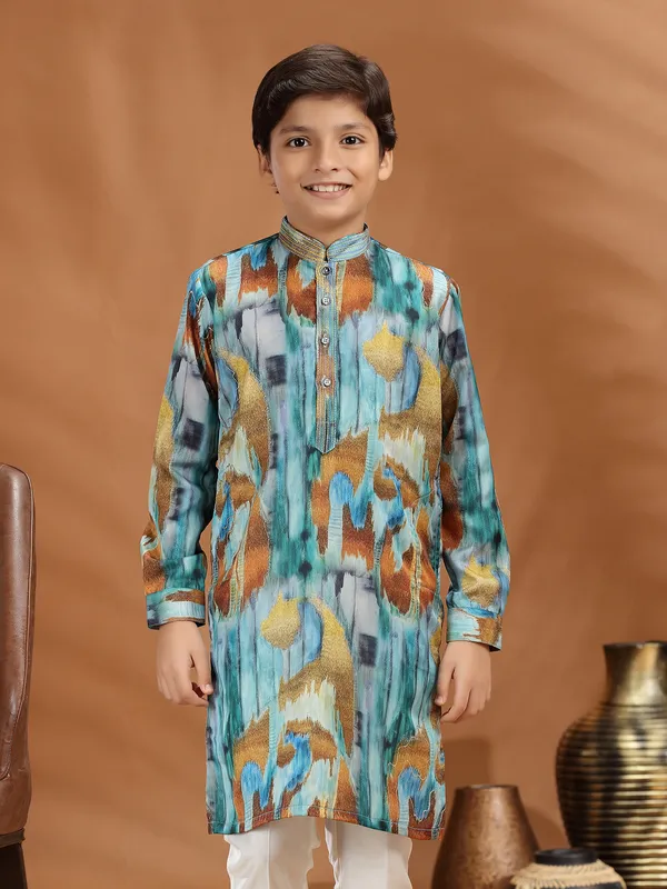 Multi color silk printed kurta suit for boys festive wear