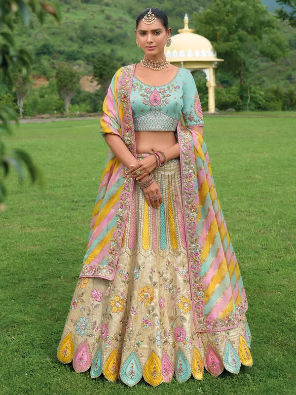 Multi color silk wedding style lehenga choli
