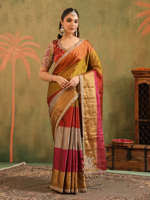 Multi color tissue silk saree with unstitched blouse