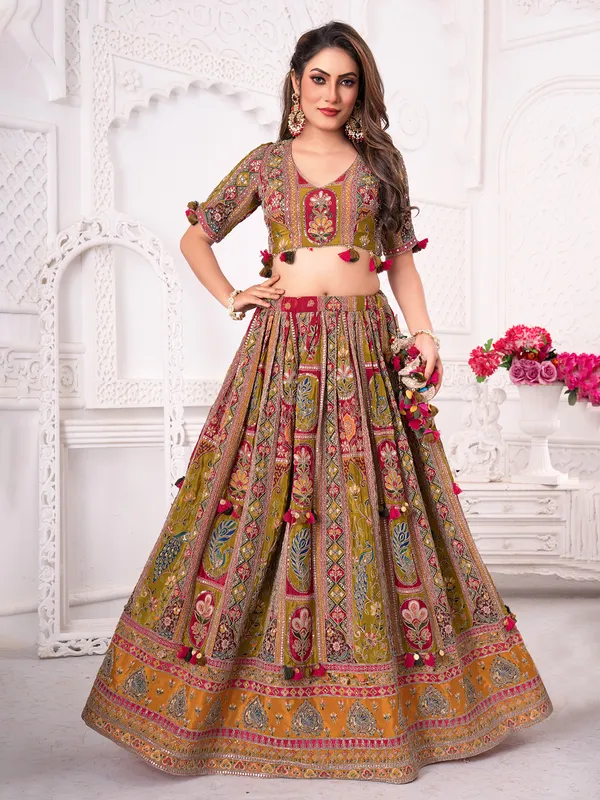 Multi colour silk lehenga choli for celebrations