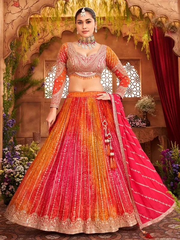 Multi colour silk lehenga choli with heavy work for wedding wear