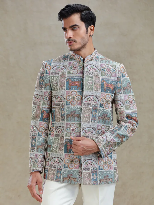 Multi coloured embroideried silk jodhpuri set