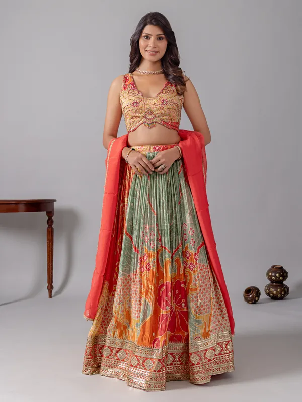 Multi coloured lehenga choli with beads and zari accents
