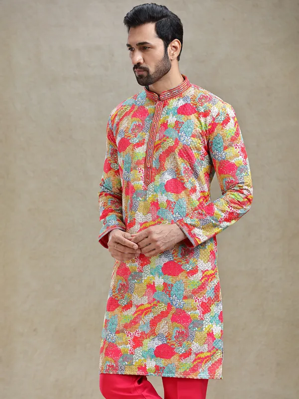 Multi coloured printed kurta pajama in textured embroidery