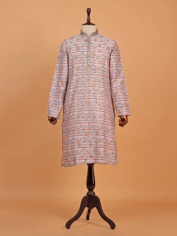 Multi coloured printed silk kurta suit for men
