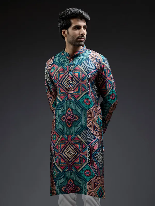 Multi coloured silk kurta suit in geometric print